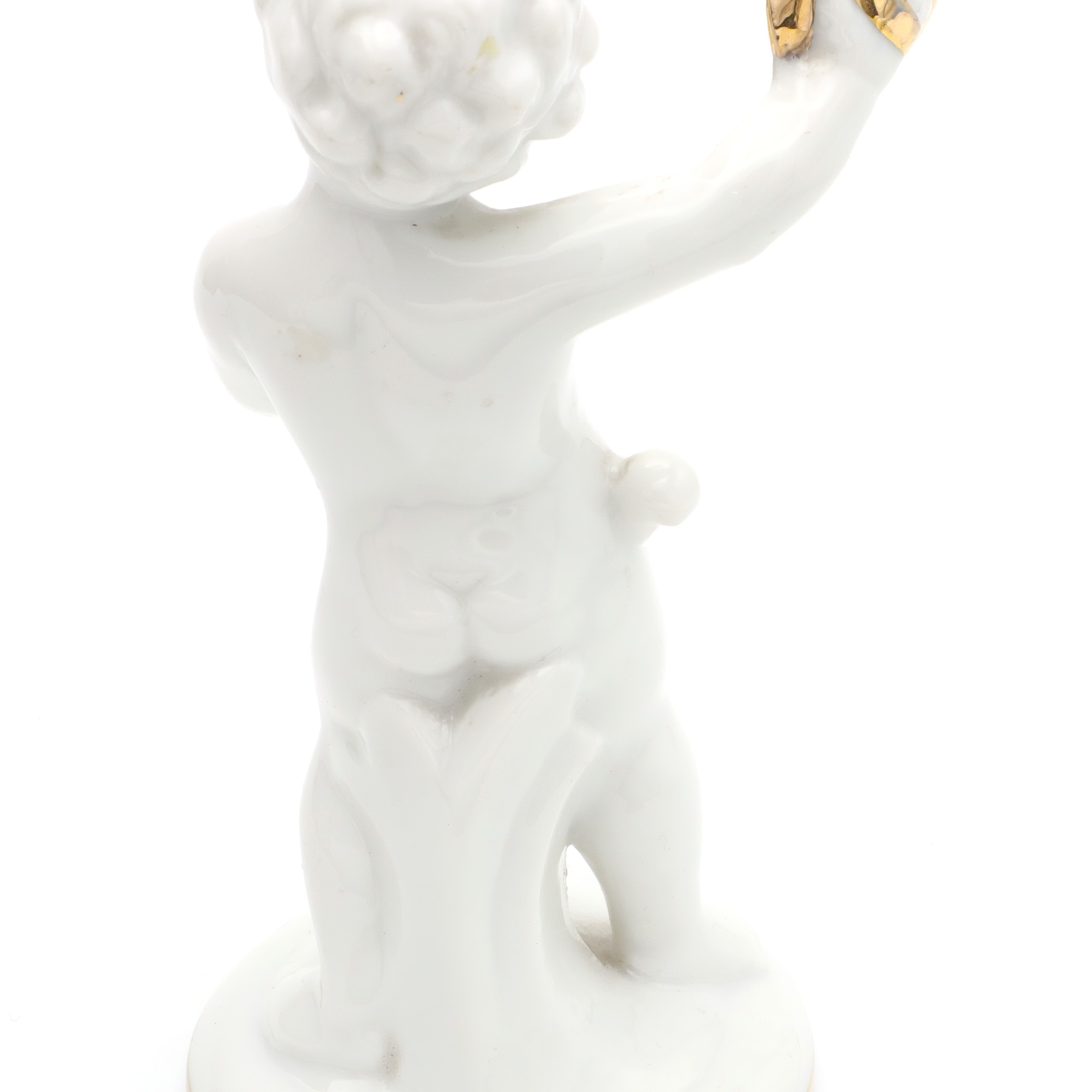 Porzellan-Figur Statue Miniatur Dekoratives Ornament Capodimonte Engel Putto Vergoldete Zimbeln Art Deco Handbemalt, Vintage Keramik Sammlerskulptur